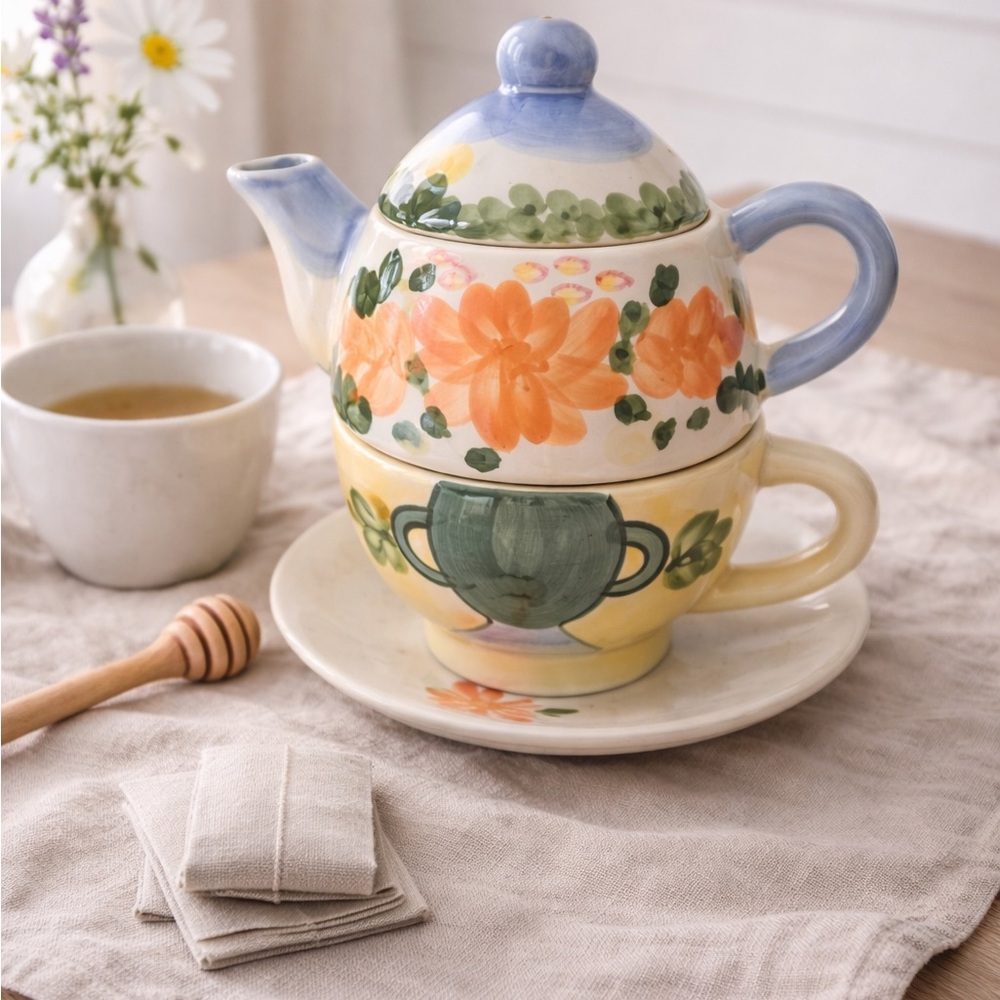 Floral Tea Set with Blue and Orange Accents